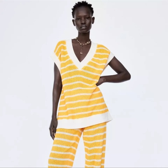 ZARA Rustic Yellow Stripe Oversized Knit Sweater Vest - Picture 2 of 7